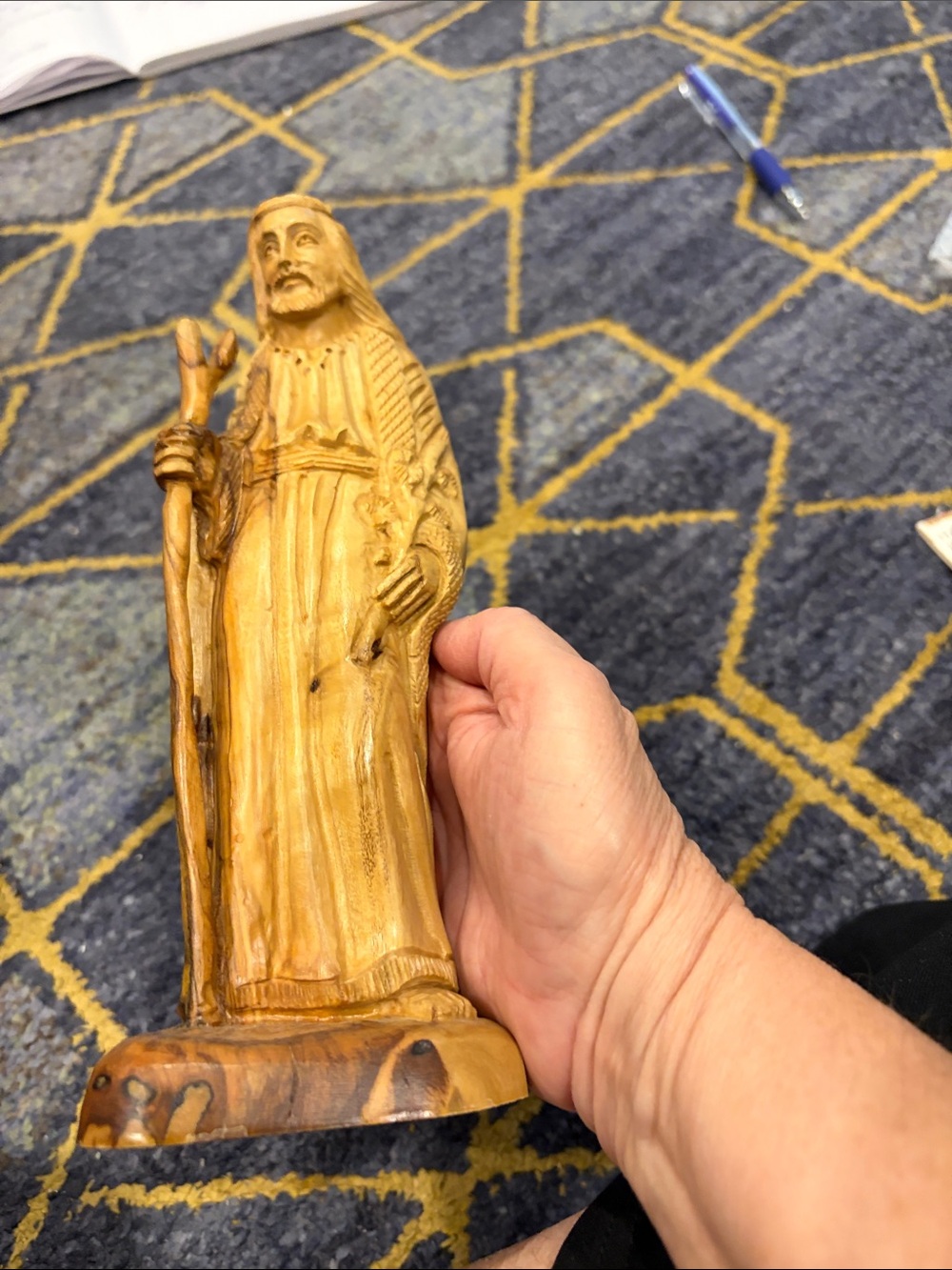 Hand-Carved Wooden Saint Figurine in Natural Wood Finish